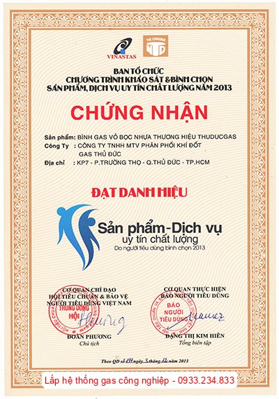 Giấy chứng nhận bình gas vỏ bọc nhựa của Thủ Đức đạt danh hiệu sản phẩm uy tín Giấy chứng nhận bình gas vỏ bọc nhựa của Thủ Đức đạt danh hiệu sản phẩm uy tín